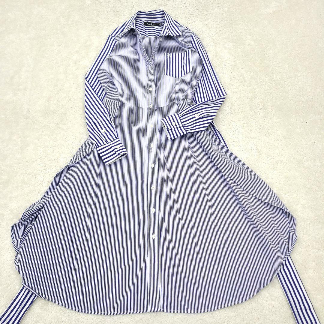 【美品】現行　ローレンラルフローレン　シャツワンピース　ストライプ　ベルト　刺繍