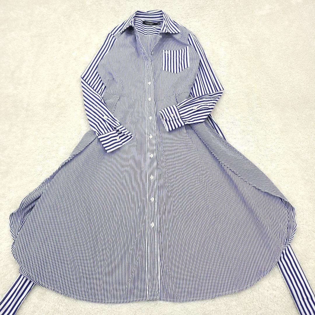 【美品】現行　ローレンラルフローレン　シャツワンピース　ストライプ　ベルト　刺繍