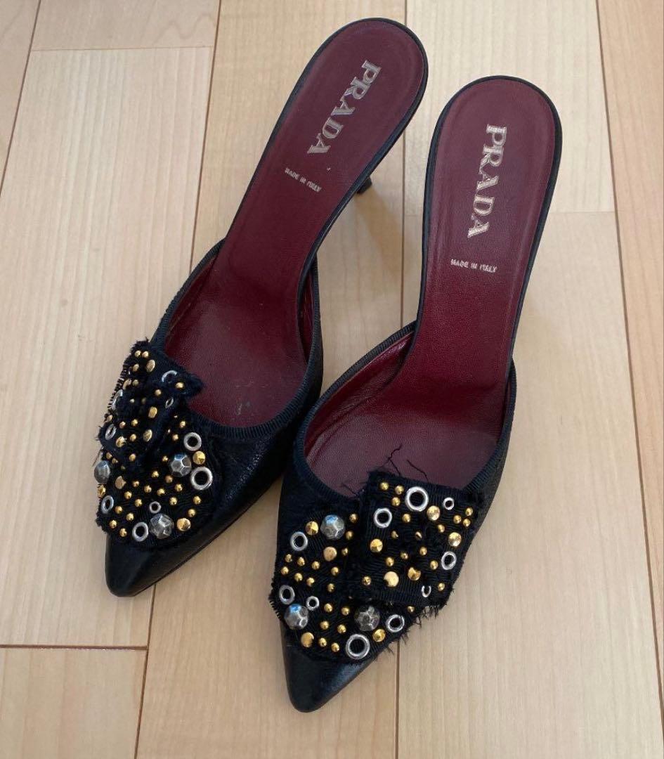 PRADA スタッズ ビジュー ミュール 37 ポインテッド ヒール