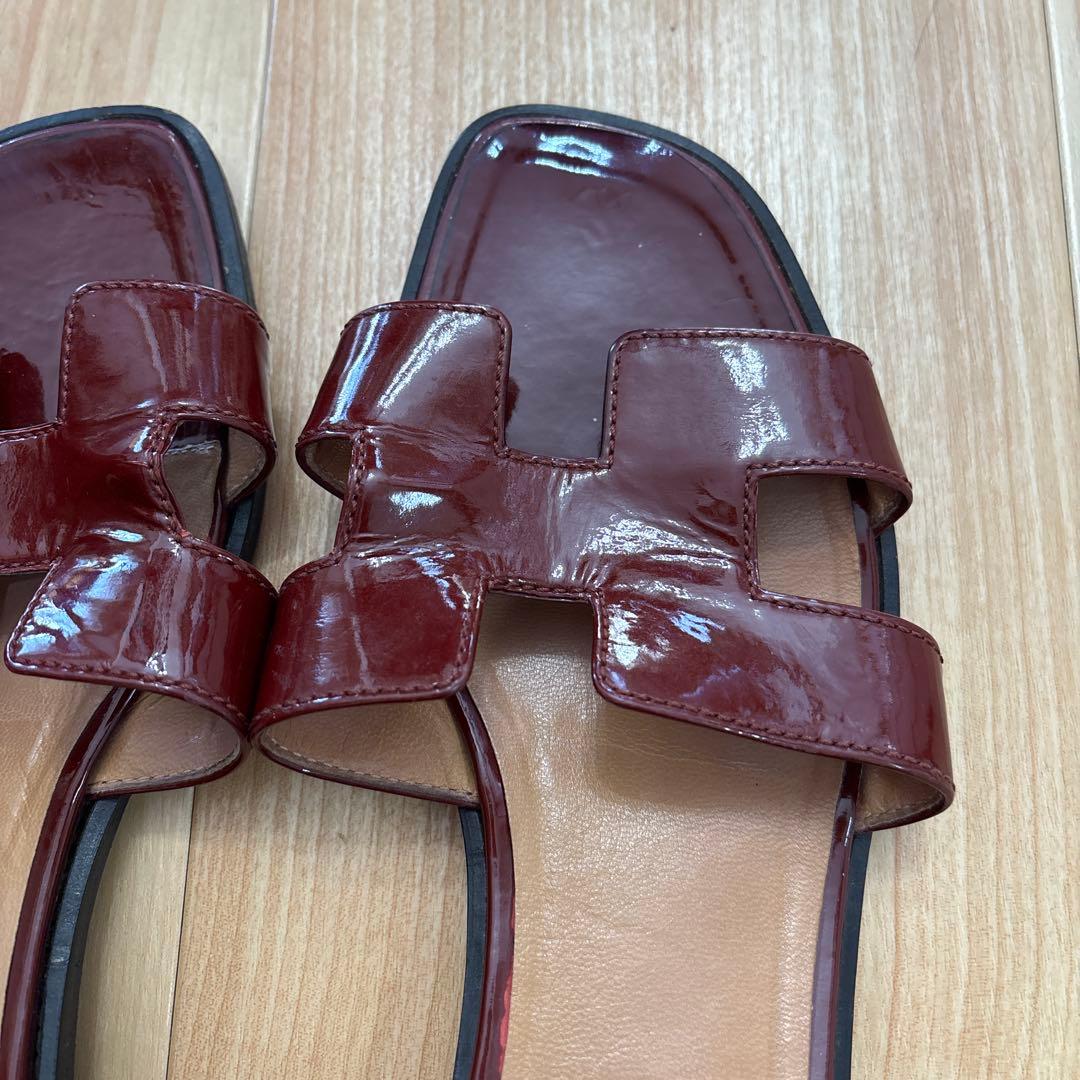 エルメス　パテントレザー　革オラン　サンダル　37 ルージュアッシュ　エンジ