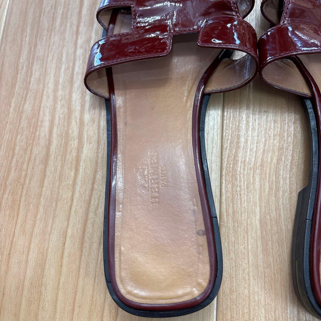 エルメス　パテントレザー　革オラン　サンダル　37 ルージュアッシュ　エンジ