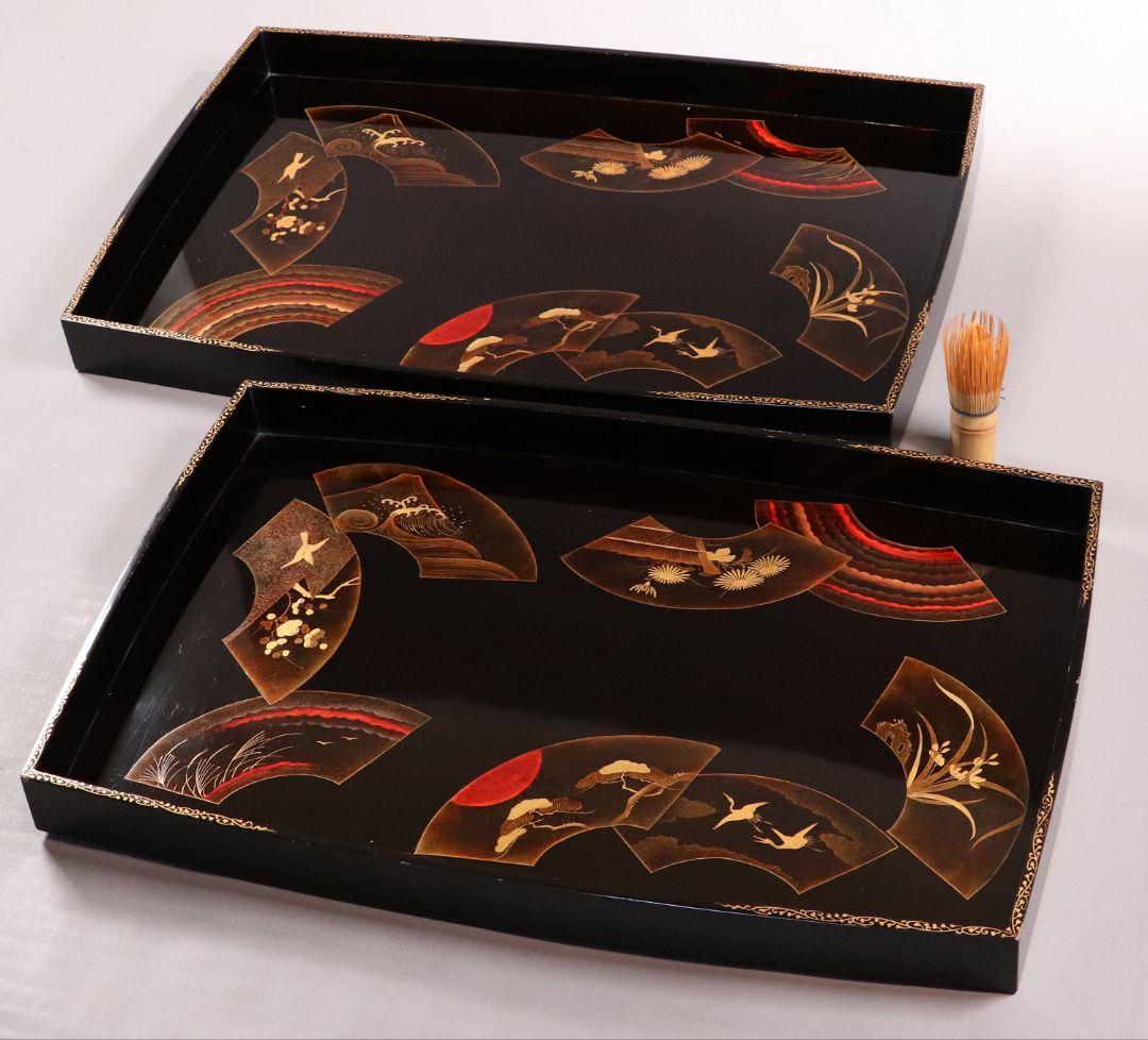 時代 広蓋 二枚組 59.1cm 扇面めでた図蒔絵 長方盆 木製【MA278】