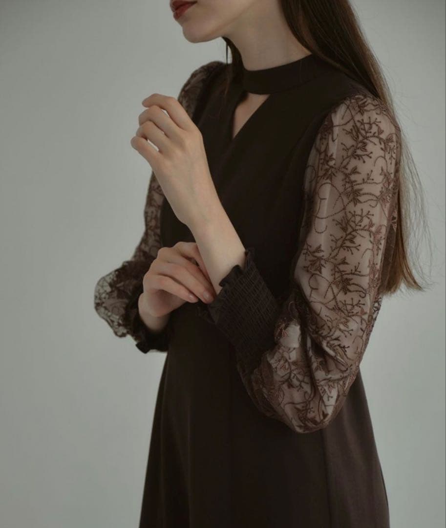 ANDRESD アンドレスド スリーブエンブロイダリー ドレス　ブラウン