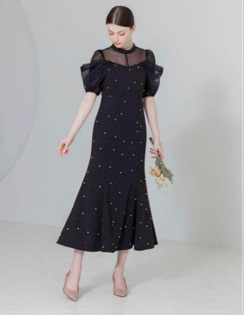 LEJA パールビジューオーガンジーレースマーメイドドレス　ブラック　M