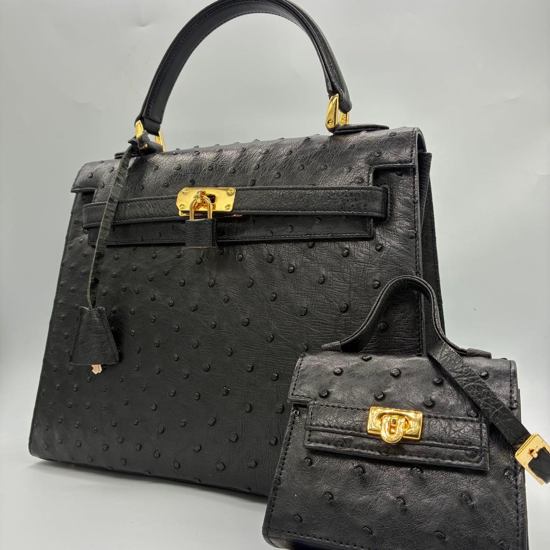 美品】オーストリッチ　ハンドバッグ　フォーマルバッグ　ブラック　ゴールド金具