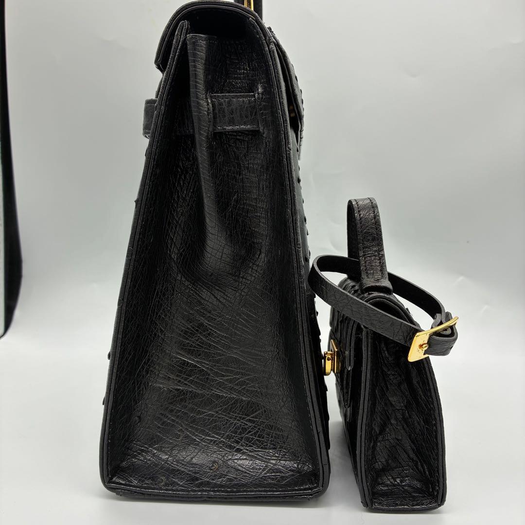 美品】オーストリッチ　ハンドバッグ　フォーマルバッグ　ブラック　ゴールド金具