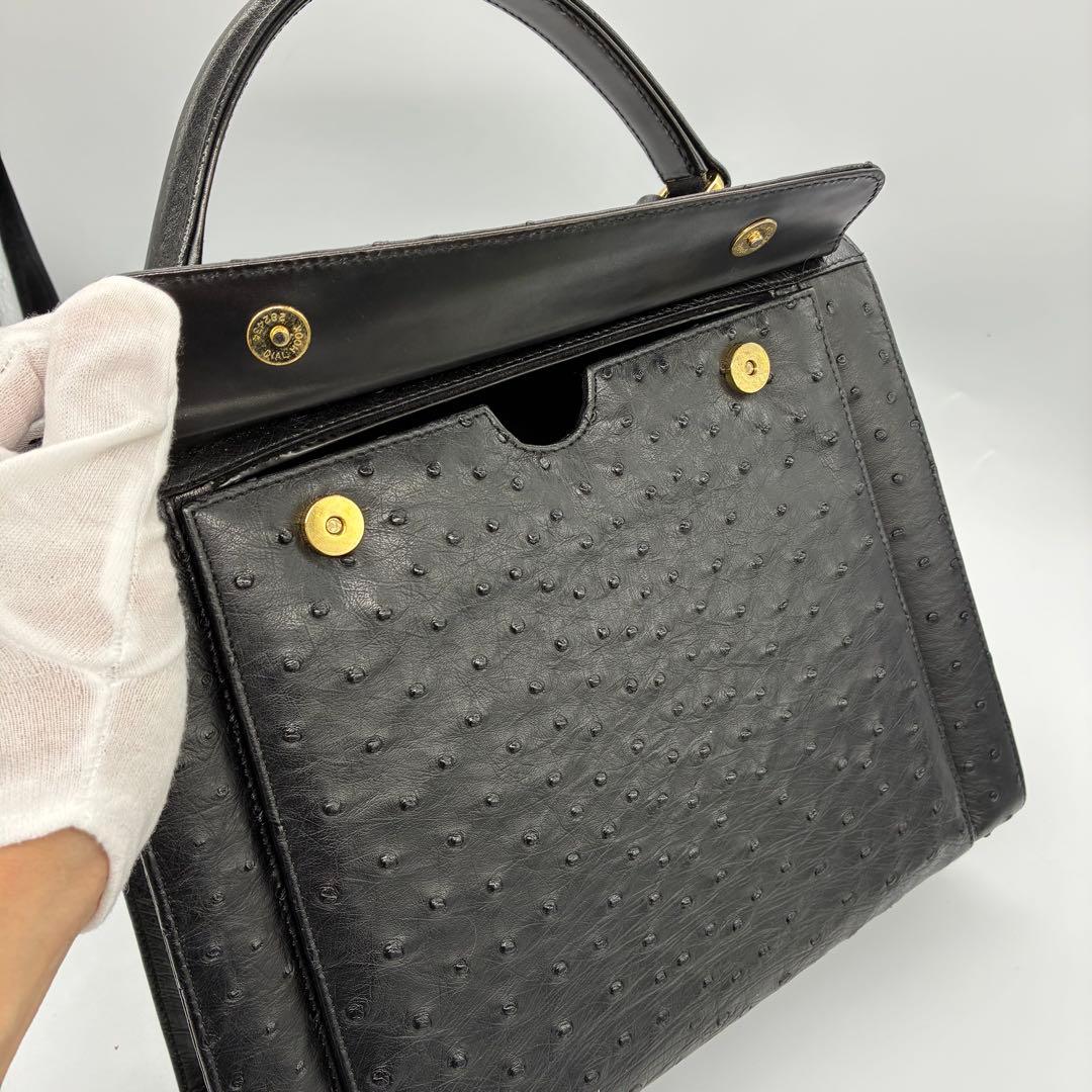 美品】オーストリッチ　ハンドバッグ　フォーマルバッグ　ブラック　ゴールド金具
