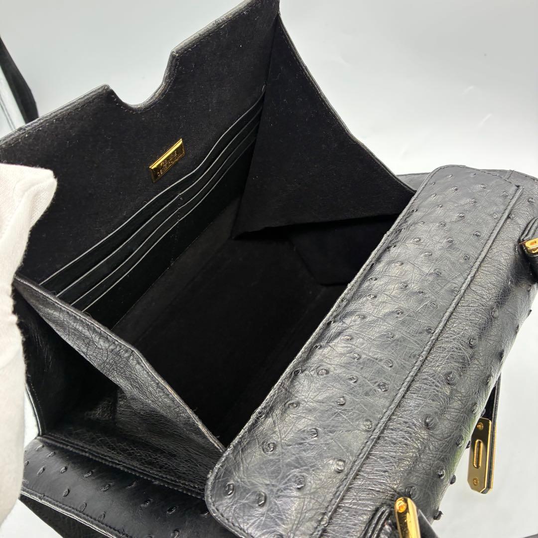 美品】オーストリッチ　ハンドバッグ　フォーマルバッグ　ブラック　ゴールド金具