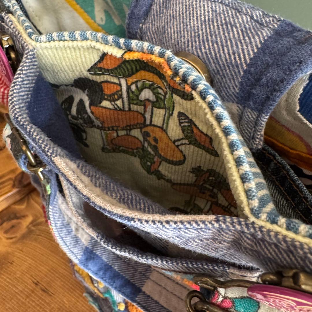 ハンドメイド デニムリメイク バッグ サロペット レトロアニマル 楕円底 32