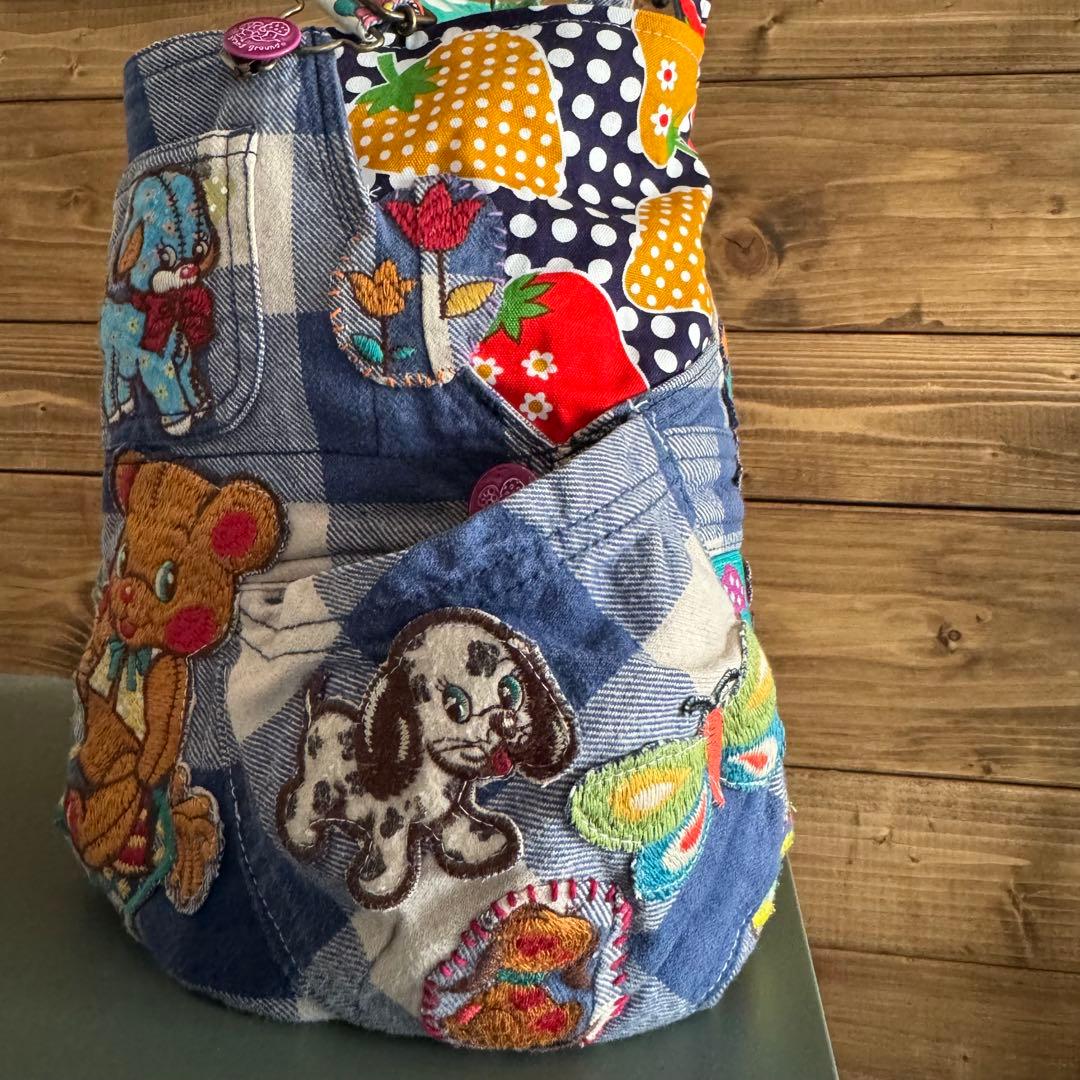 ハンドメイド デニムリメイク バッグ サロペット レトロアニマル 楕円底 32