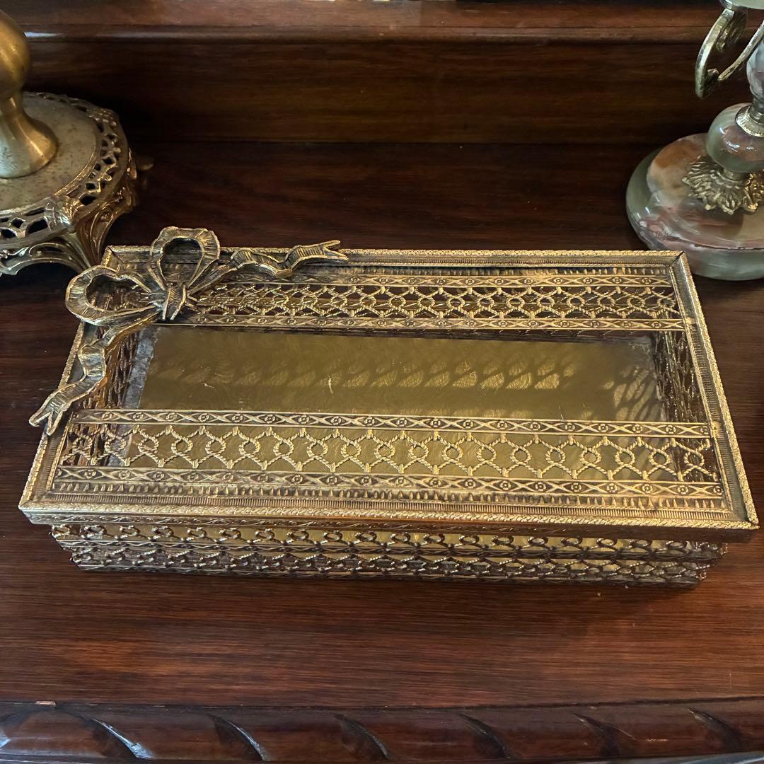 豪華50s リボン型アメリカアンティーク金属製ティッシュケースUSAヴィンテージ