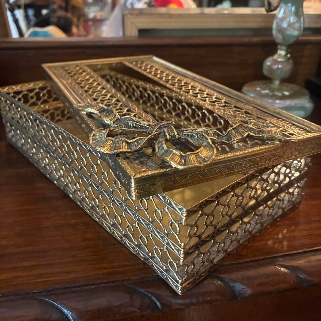 豪華50s リボン型アメリカアンティーク金属製ティッシュケースUSAヴィンテージ