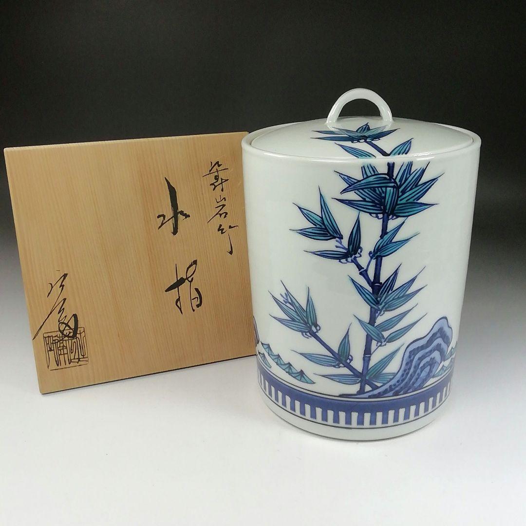 Ｔ１９３　水指　『染付　岩竹』『押小路窯　庄左ェ門』　共箱　茶道具