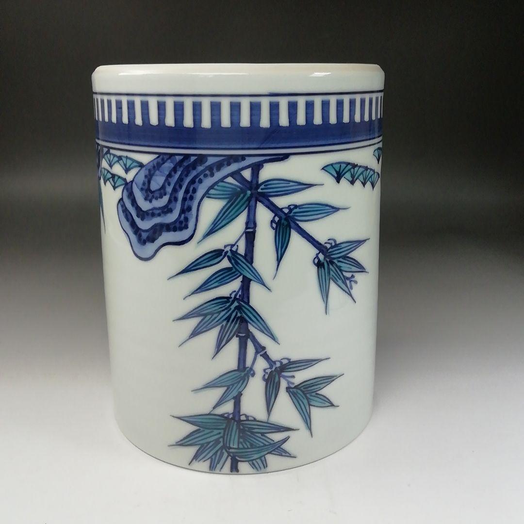 Ｔ１９３　水指　『染付　岩竹』『押小路窯　庄左ェ門』　共箱　茶道具