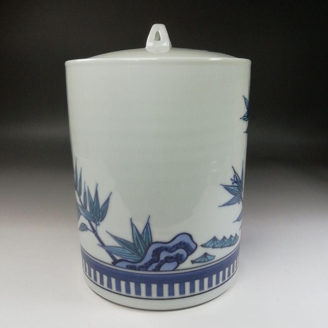 Ｔ１９３　水指　『染付　岩竹』『押小路窯　庄左ェ門』　共箱　茶道具