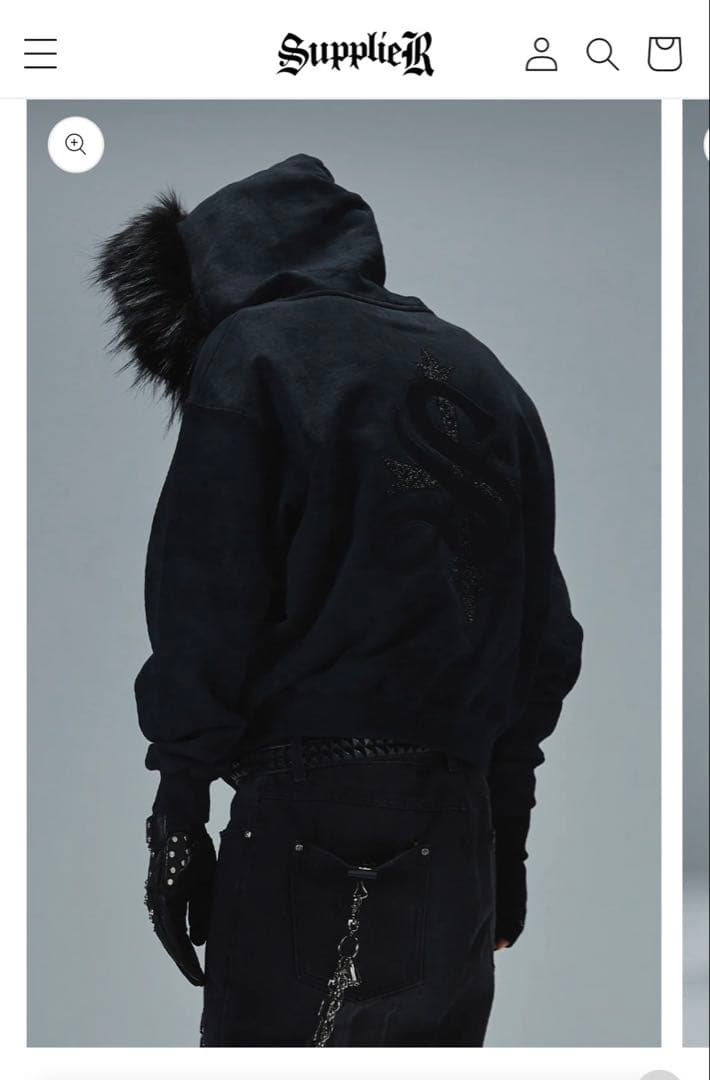 supplier ブラックファーフードパーカー