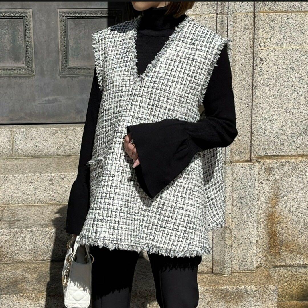 heve ヘイブ ツイードジレ ホワイト ベスト フリンジ Vネック