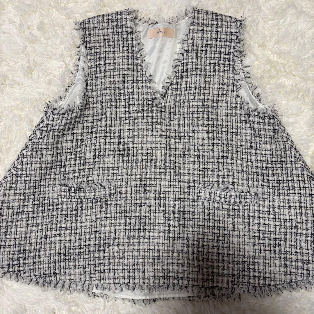 heve ヘイブ ツイードジレ ホワイト ベスト フリンジ Vネック