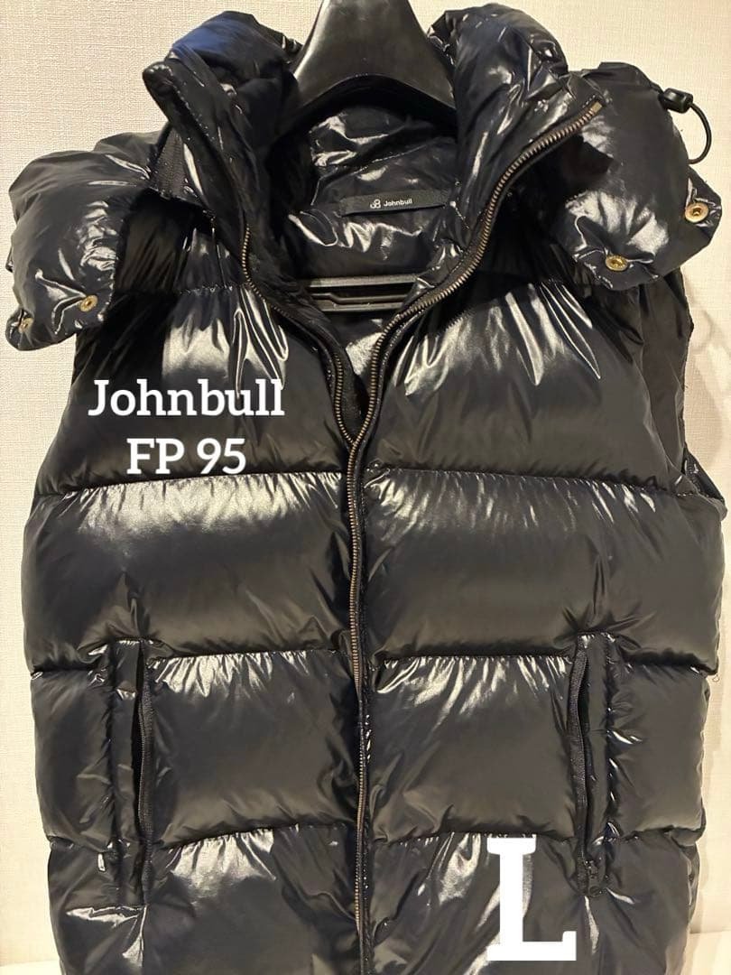 【極暖/美品】ジョンブル ダウンベスト L 黒 光沢 フード着脱可 ダウン95%