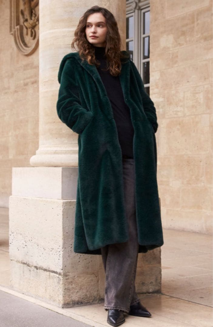 レモンプレット　ダークグリーン フード付きファーコート