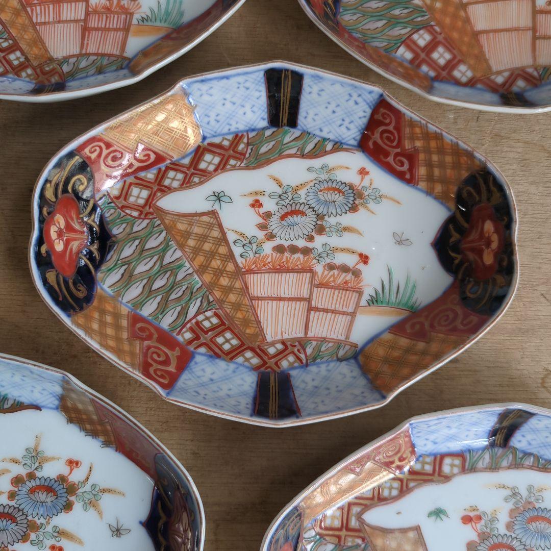 骨董 伊万里 変形皿 ひし形 錦出 色絵 向付 陶器 アンティーク 5枚