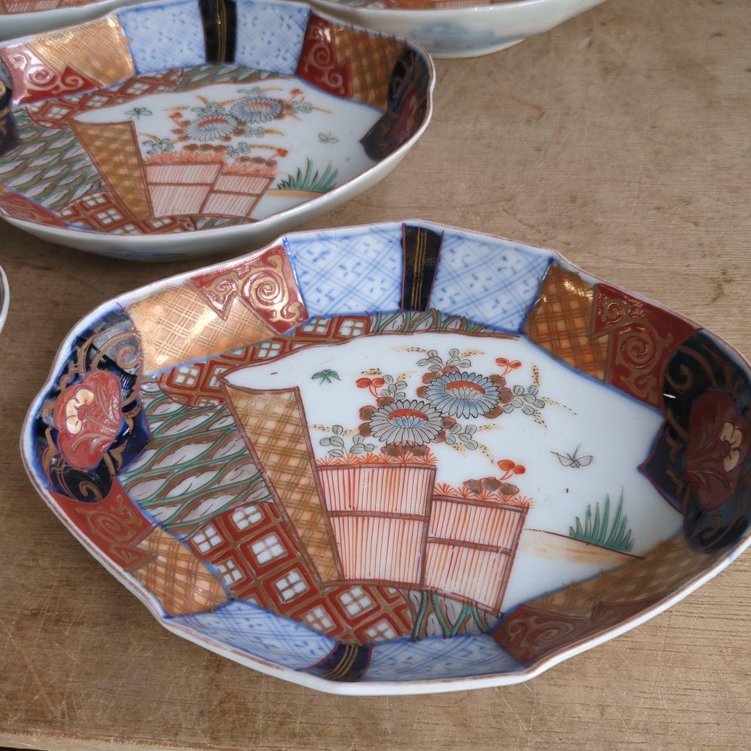骨董 伊万里 変形皿 ひし形 錦出 色絵 向付 陶器 アンティーク 5枚