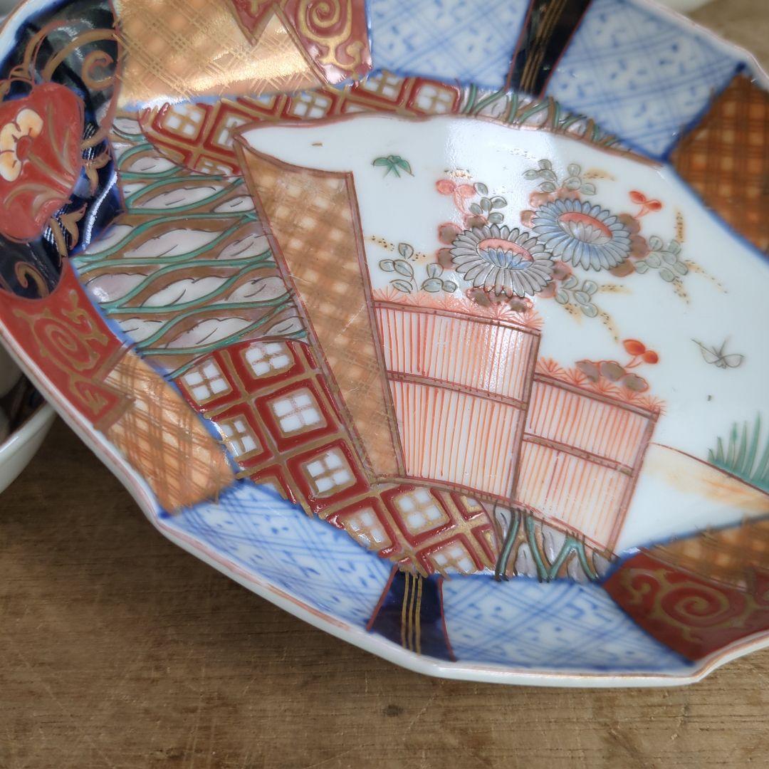 骨董 伊万里 変形皿 ひし形 錦出 色絵 向付 陶器 アンティーク 5枚