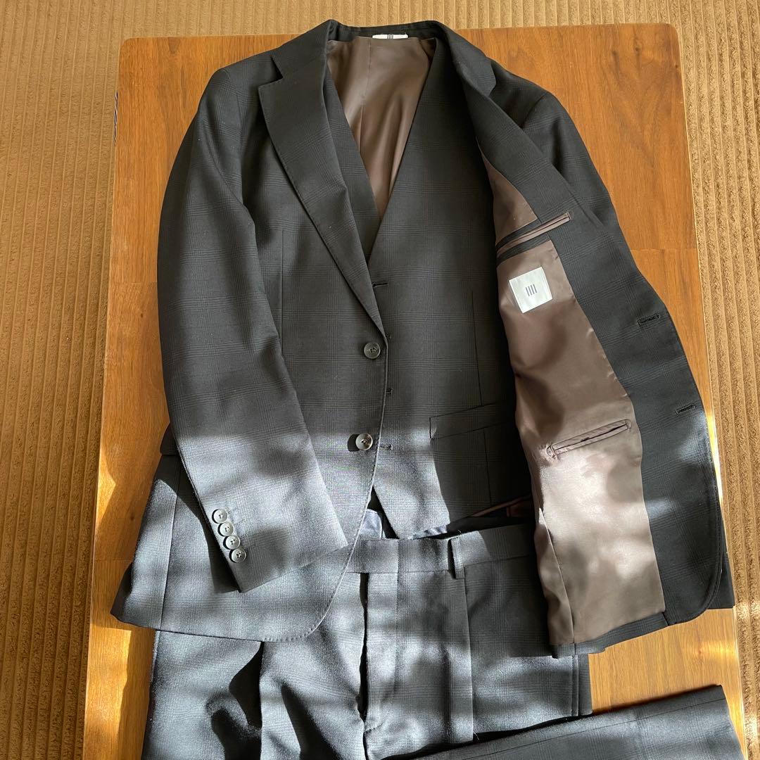 ほぼ新品 SUIT SELECT 薄チェック柄 ダークグレー スーツ