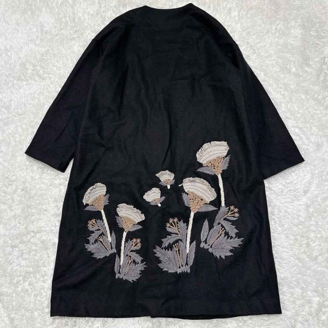 【BEARDSLEY】刺繡デザイン ノーカラーコート 黒 ウール混 size F