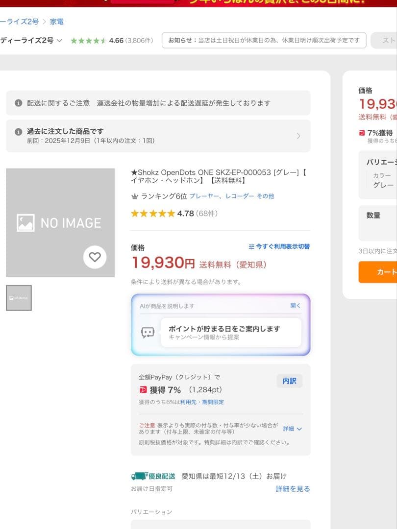 Shokz OpenDots ONE グレー 骨伝導イヤホン