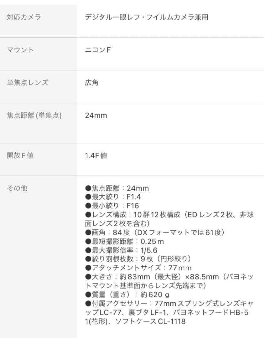 ラスト1点　ニコン NIKON AF-S 24mm f/1.4G ED
