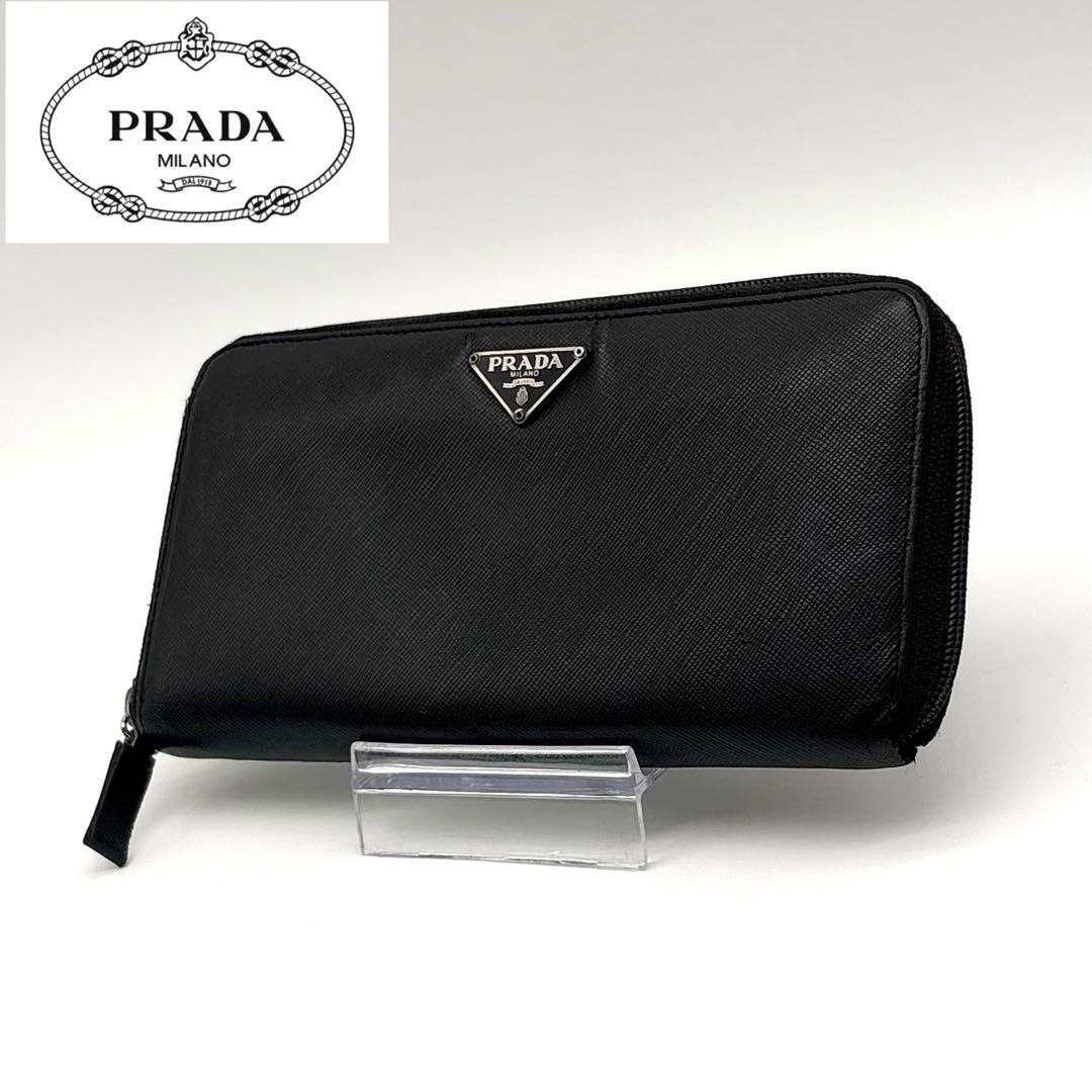 【美品】PRADA レザー サフィアーノ 長財布 型押し ロゴ金具 ブラック