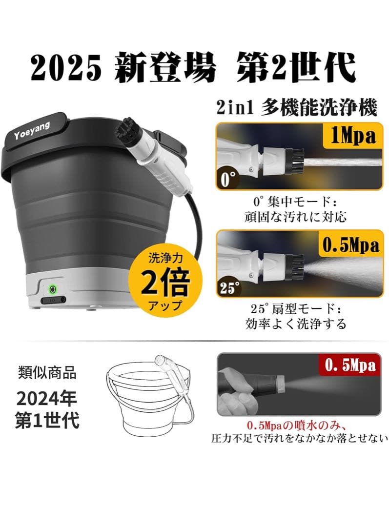 高圧洗浄機 コードレス 折り畳み式 コンパクト12Lバケツ 収納高さ10cm