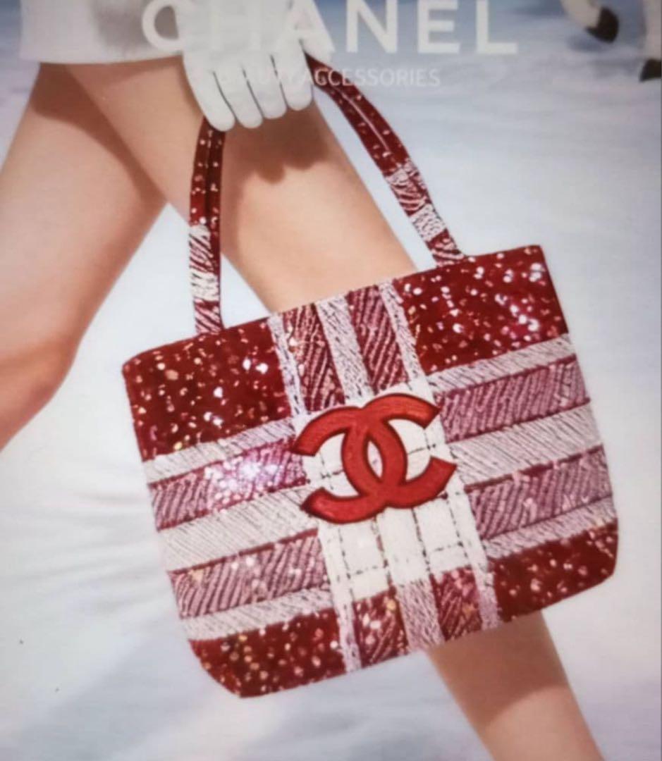 CHANELシャネル☆ノベルティ新品未使用ツイードトートバッグ赤白スパンコール