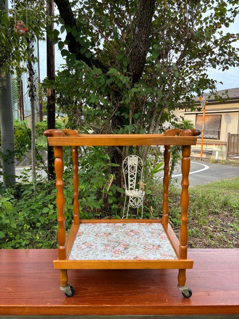60〜70s 木製 2段式キッチンワゴン トローリーワゴン　花柄 昭和レトロ