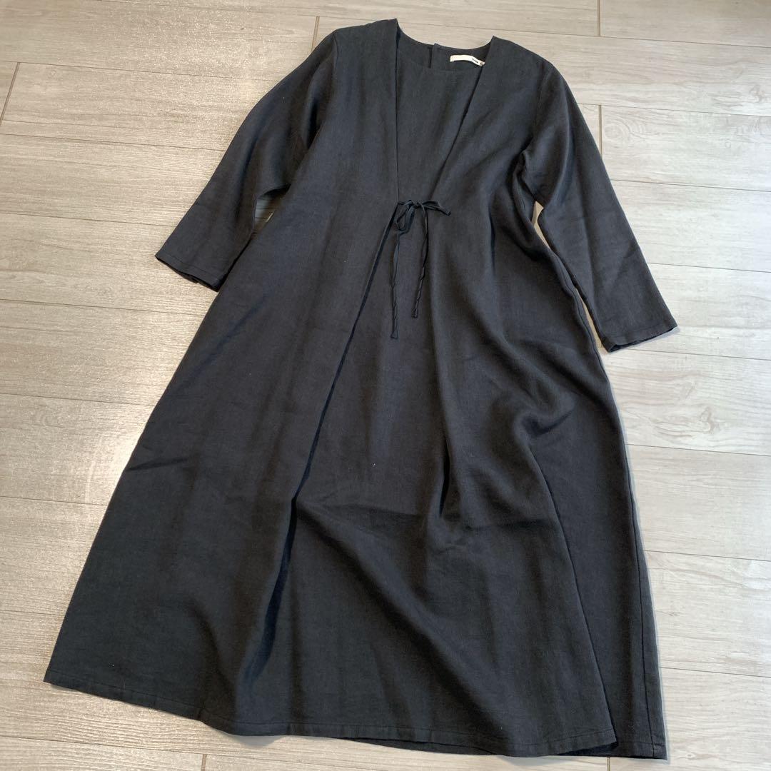 【エヴァムエヴァ】クリーニング品・美デザイン✨リネンウールワンピース　ブラック