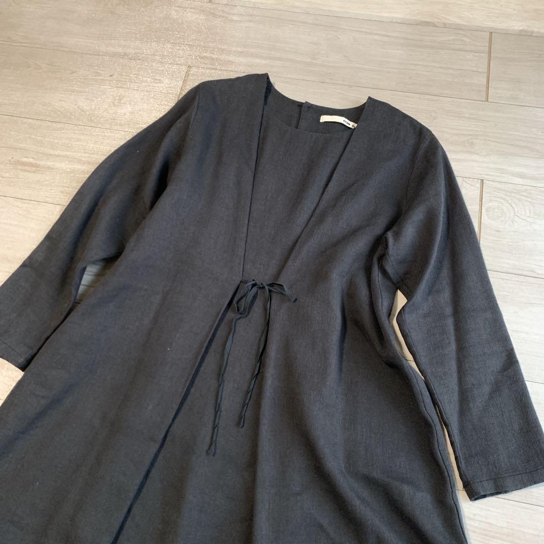 【エヴァムエヴァ】クリーニング品・美デザイン✨リネンウールワンピース　ブラック