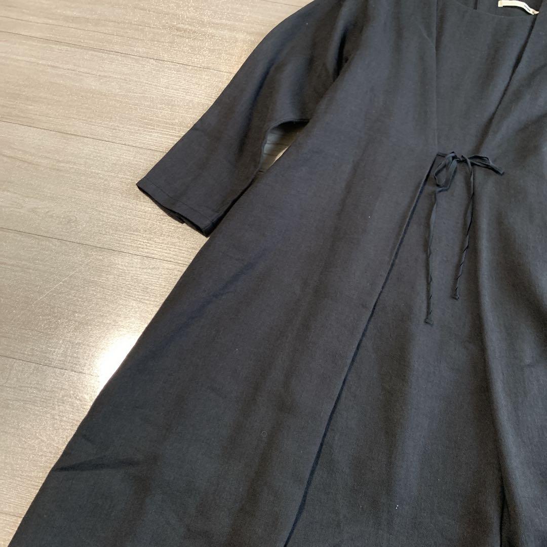 【エヴァムエヴァ】クリーニング品・美デザイン✨リネンウールワンピース　ブラック