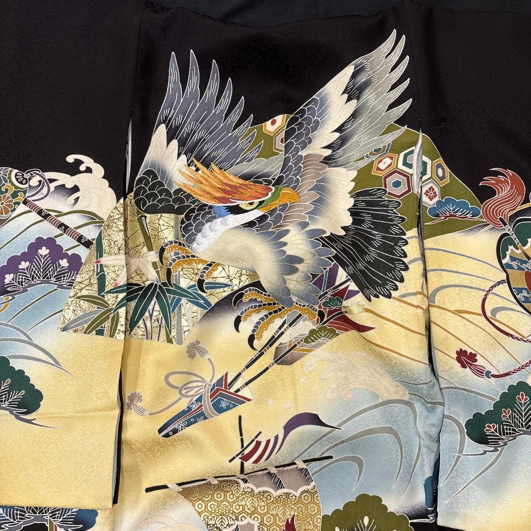 りおちん新品正絹産着祝着京友禅工芸、豪華刺繍、多色本金特選大鷹大王松流水文