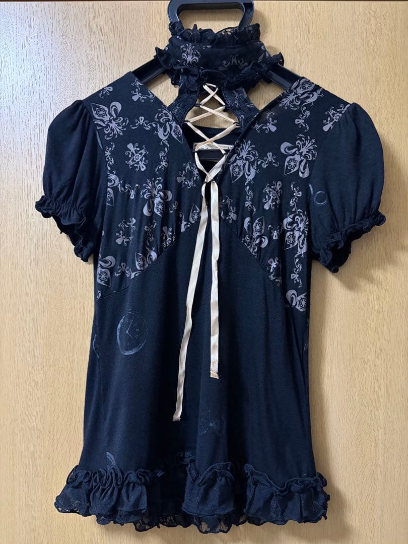 h.NAOTO STEAM チョーカー付 編上げ黒半袖カットソー