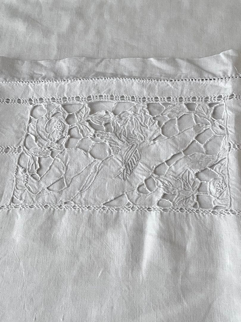 【美品】フランスアンティーク 天使と手刺繍OHモノグラムクッションカバー3151