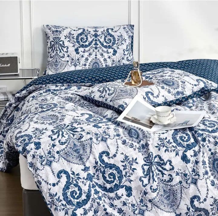 ぽんぽん★ブルー＆ホワイトレトロリボン　シングルサイズ2セット