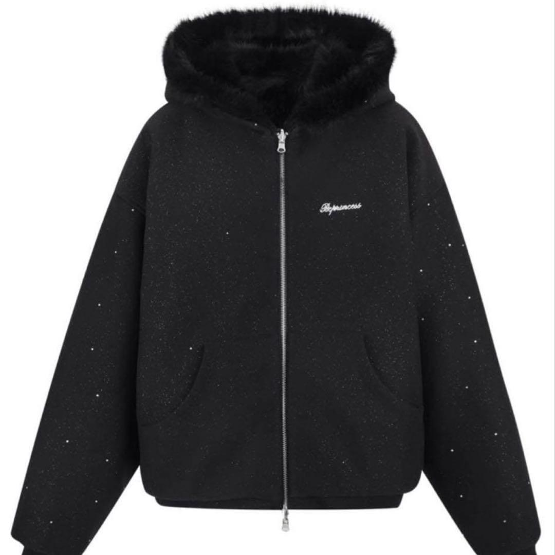 トップス andwang Kirakira 2way fur zip up (black)