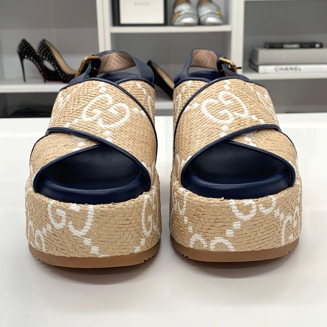 グッチ レザー ストロー GG ウェッジソール 厚底 サンダル バイカラー