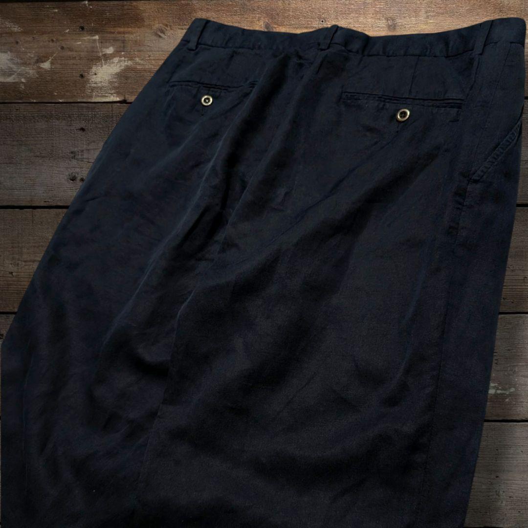 90s　ラルフローレン　ビンテージ　シルク　リネンパンツ　スラックス　ネイビー