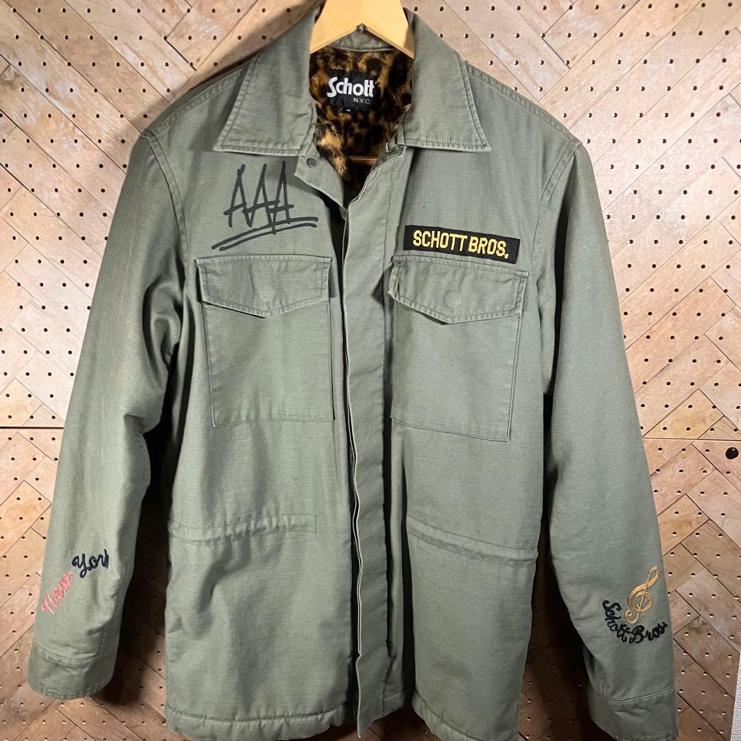 Schott ヒョウ柄 裏地ミリタリージャケット M 刺繍あり