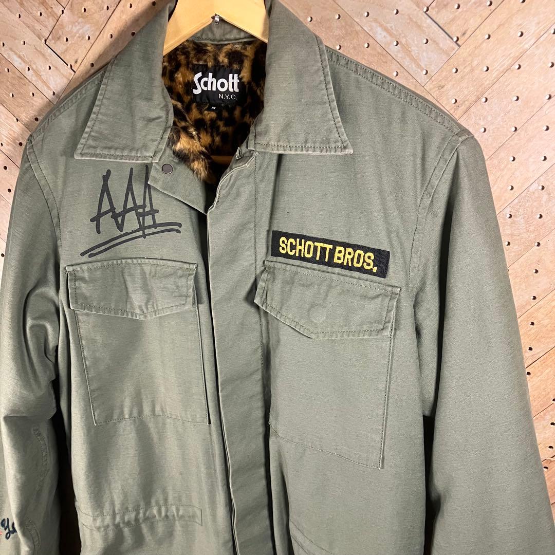 Schott ヒョウ柄 裏地ミリタリージャケット M 刺繍あり