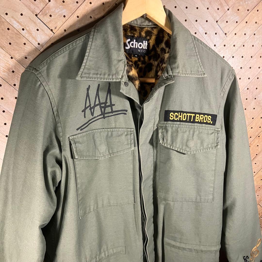 Schott ヒョウ柄 裏地ミリタリージャケット M 刺繍あり