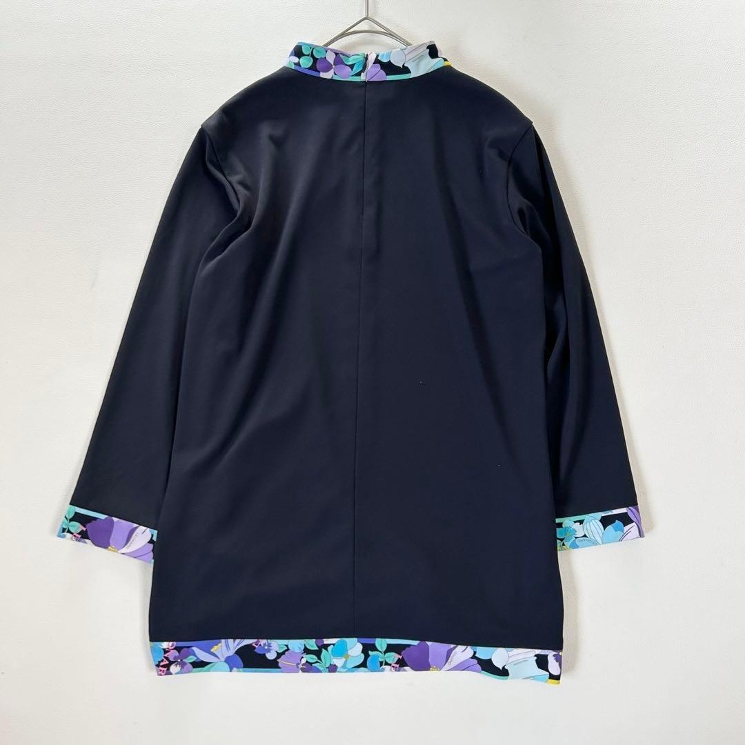 レオナール 長袖チュニック 花柄トリム ラインストーン ネイビー