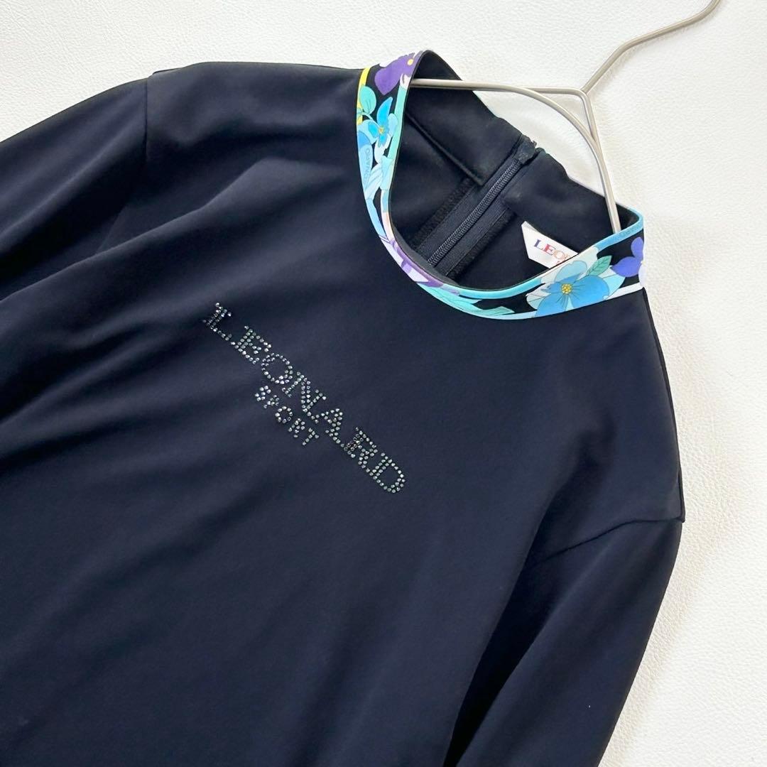 レオナール 長袖チュニック 花柄トリム ラインストーン ネイビー